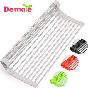 Amazon Hot Selling Durable Silicone Covered Stainless Steel Dish Vegetable Drying Rack Multipurpose Dish Silicone Drainer Rack
