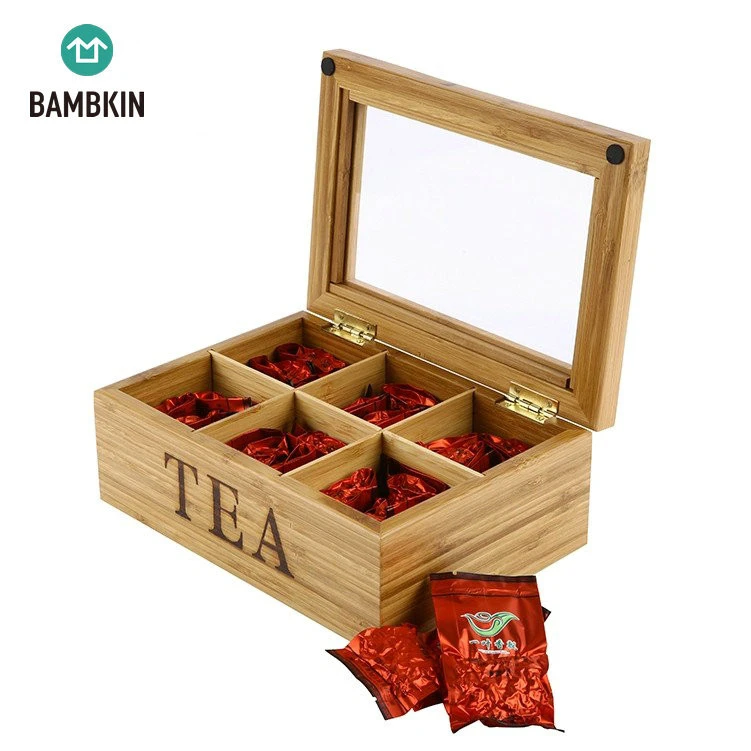 BAMBKIN rectangle 6 Equally Divided Compartments with Clear Lid Bamboo Tea Box jewelry box