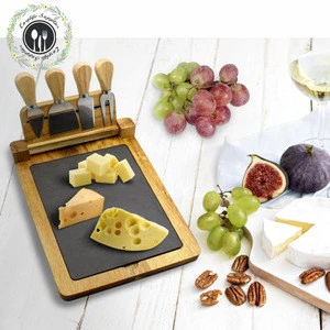 bamboo Cheese Board 4 pcs knife tools with removeable slate cheese cutting board