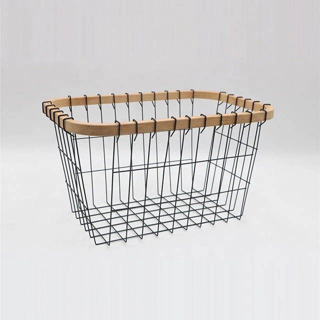 Black iron decorative small metal wire bamboo handle storage baskets