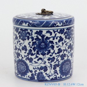 Blue and White Porcelain Lotus Pattern Tea Pot with a Copper Ring Lid Round Straight Tube Jar
