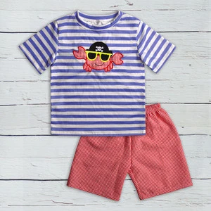 Blue and white strips short sleeve crab embroidery shirts red gingham shorts boys clothing sets