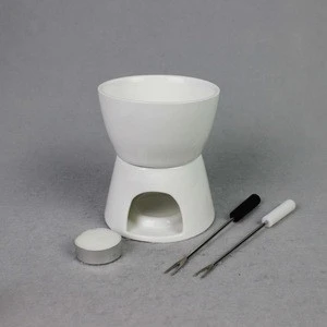 Ceramic Chocolate Fondue Set w/ Forks - Tea Light Porcelain Melting Pot w/ Fondue Dippers