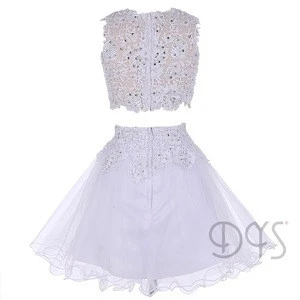 Cheap Lace Appliqued Organza Puffy Short 2 Piece White Homecoming Dress