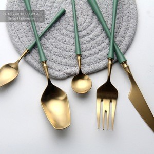 Creative high grade gifts gold green round handle flatware Wholesale custom mixing spoon dinner fork knife  buffet international