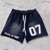 Custom High Quality Heavy Weight Cotton Pants Raw Edge Hem Acid Wash Ripped Fleece Streetwear Drawstring Sports Shorts