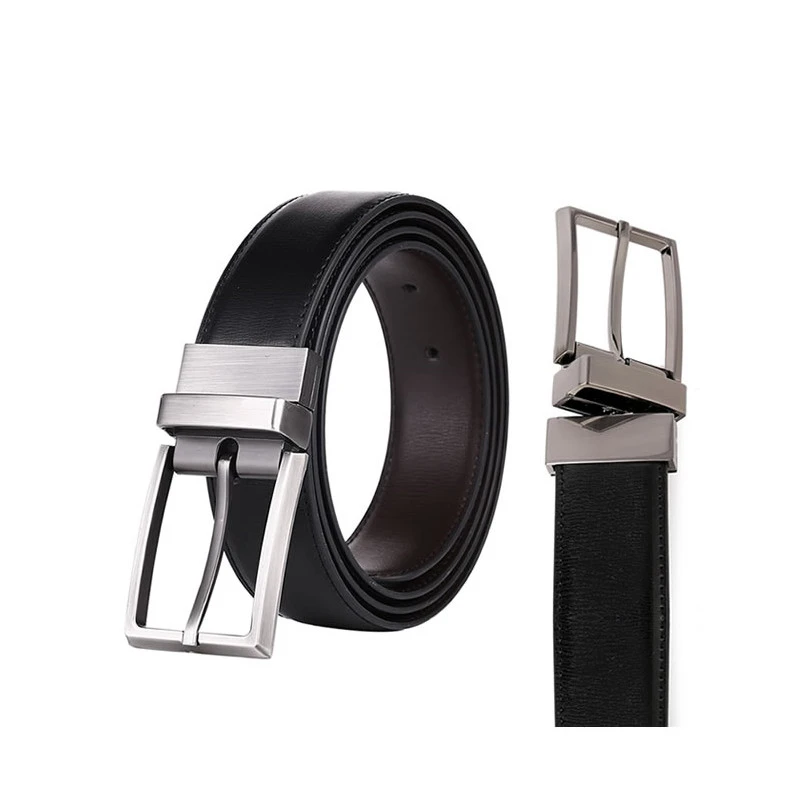 Custom Logo OEM ODM Pin Buckle Belt Men Cowhide Genuine Leather Belts Rotatable Reversible Double Side Business Dress Belt