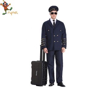 Dark Blue Men Airline Suit Uniform Aviator Pilot Costume