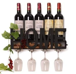 Decorative Black Home Wall Mounted Hanging Metal Wine Bottle Rack Holder with 4 Glass Holder &amp; Wine Cork Storage