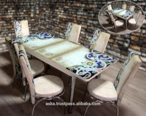 Dining set glass kitchen table with  mechanism printed upholstered metal chair