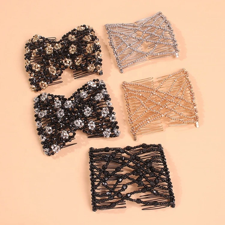 DIY Hair Styling Tools Hair Clip Ladies Beads Elasticity Stretch Magic Double Hair Comb Clips