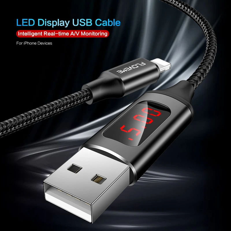 Drop Shipping 2.1A 480Mbps Data Phone Cable with LED Display FLOVEME 1M Nylon Braided USB Cable