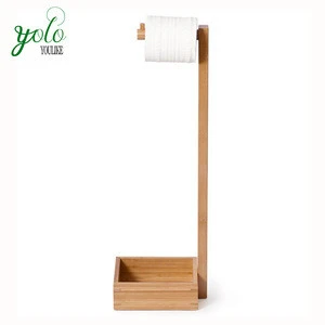 Easy Use Free-standing Rolling Bamboo Standing Toilet Paper Towel Roll Holder With Tissue Tray Box At Living Home