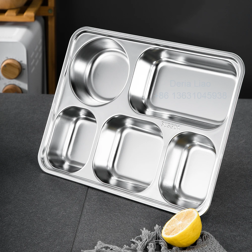Factory Cheap School Stainless steel 5 compartment divided partition fast food mess tray dinner plate lunch box with cover