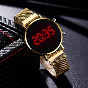 Factory Stock-StyleLEDElectronic Sports Watch Men&#x27;s and Women&#x27;s Alloy Mesh Belt Magnet Buckle Digital Watches