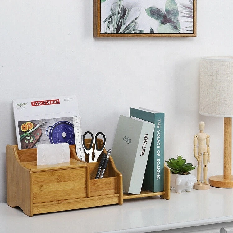 Fancy Modern Recycled DIY Portable Bamboo Desk Desktop Shelf Organizer for Pencil, Makeup, Tissue Paper Storage Holder