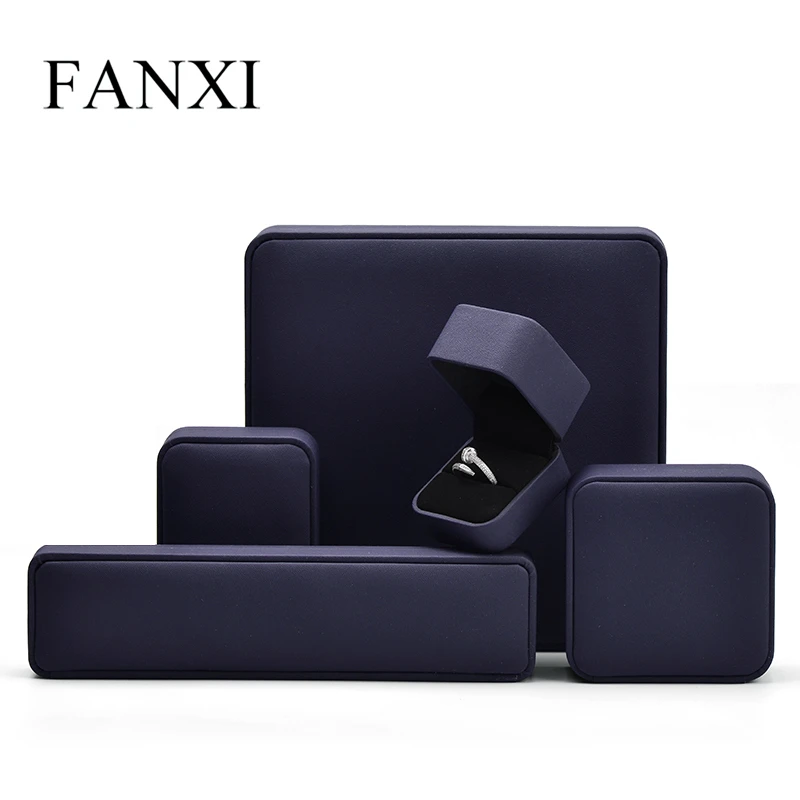 FANXI wholesale new luxury navy blue Pu leather Jewellery Packaging Box  with microfiber inside Jewelry Gift set Packing Boxes