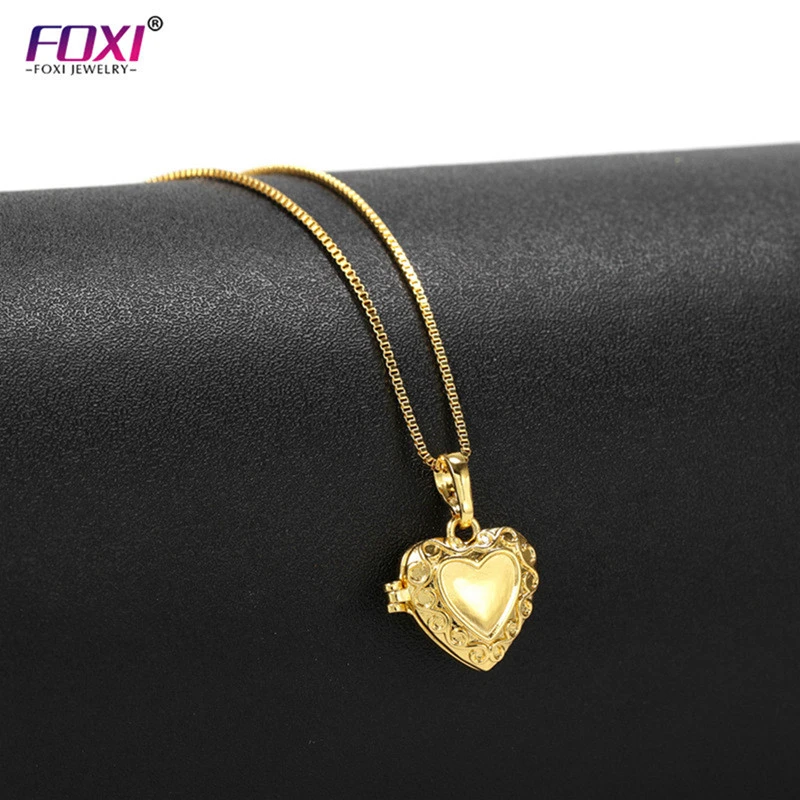 FOXI 18K Gold Plated Stainless Steel Frame Blank Locket Jewelry Custom Logo Heart Lock Photo Locket Pendant Necklace for Womens