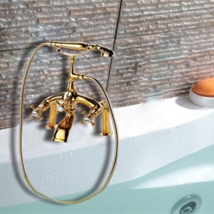 Golden Finished Wall Mounted Luxurious Brass Bathtub Faucet with Hand Shower and Triple Handles