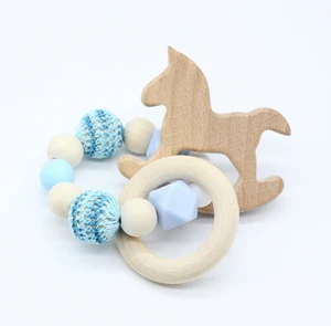 Heybabee wooden animal horse crochet beads Teething toy wooden bead teether for baby