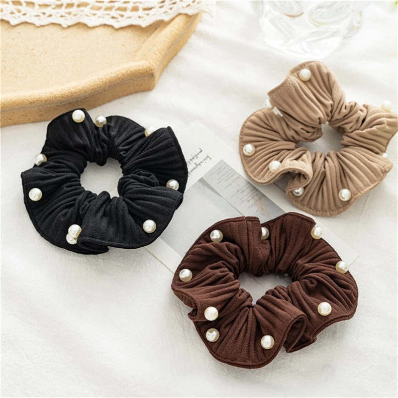 High Quality Pleated Hair Scrunchies Pure Color Pearl Hair Tie Hair Accessories For Women