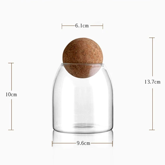 High quality transparent empty wood lid ball stock sealed bulk food kitchen container glass airtight jar with spherical cork lid