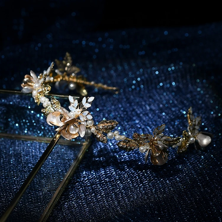 KC Gold Iron Flower Bridal Crown Crystal Pearl Jewelry Wedding Hair Crown