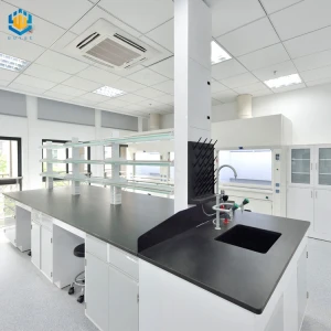 Laboratory island work bench table with steel structure and reagent shelves
