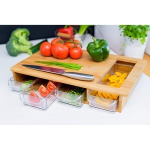 Large Bamboo Cutting Board Wood Chopping Block with 4 Drawers Tray Containers