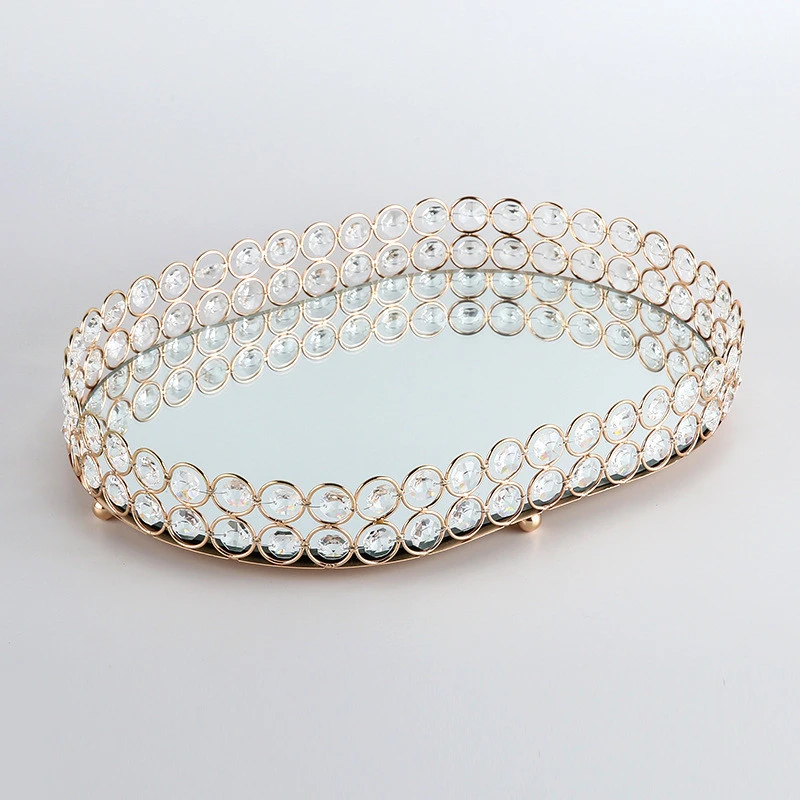 LK20190906-53 gold mirror crystal wedding serving tray for wedding decoration