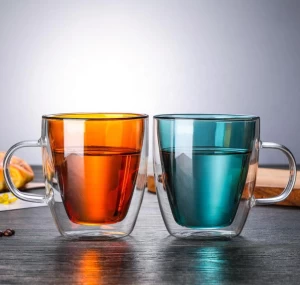 Manufacturer Low Price 450ml High Borosilicate Amber Blue Color Double Wall Glass Coffee Drink Cup With Handle