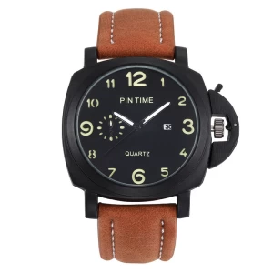 Mens Sport Watch Vintage Brown Leather Strap Men Military Quartz Movement Wristwatch Luminous Hands Analog Display 44mm Clock