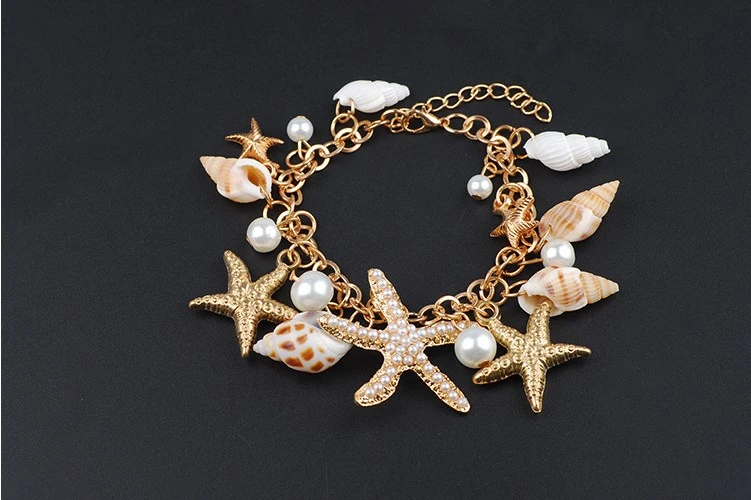N0052007 Lot Starfish Necklace Bracelet Suit Pearl Shell Double Sautoir Charm Conch Seashell Drop Earring Jewelry Set