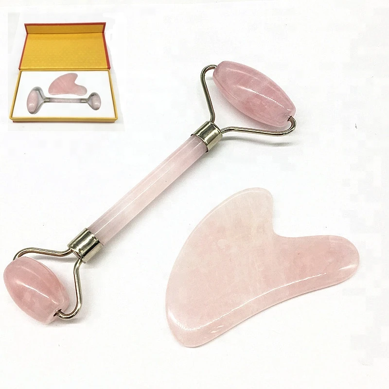 Natural Welded Rose jade roller and gua sha tools set face eye neck guasha Massager for Anti Aging without Squeaks