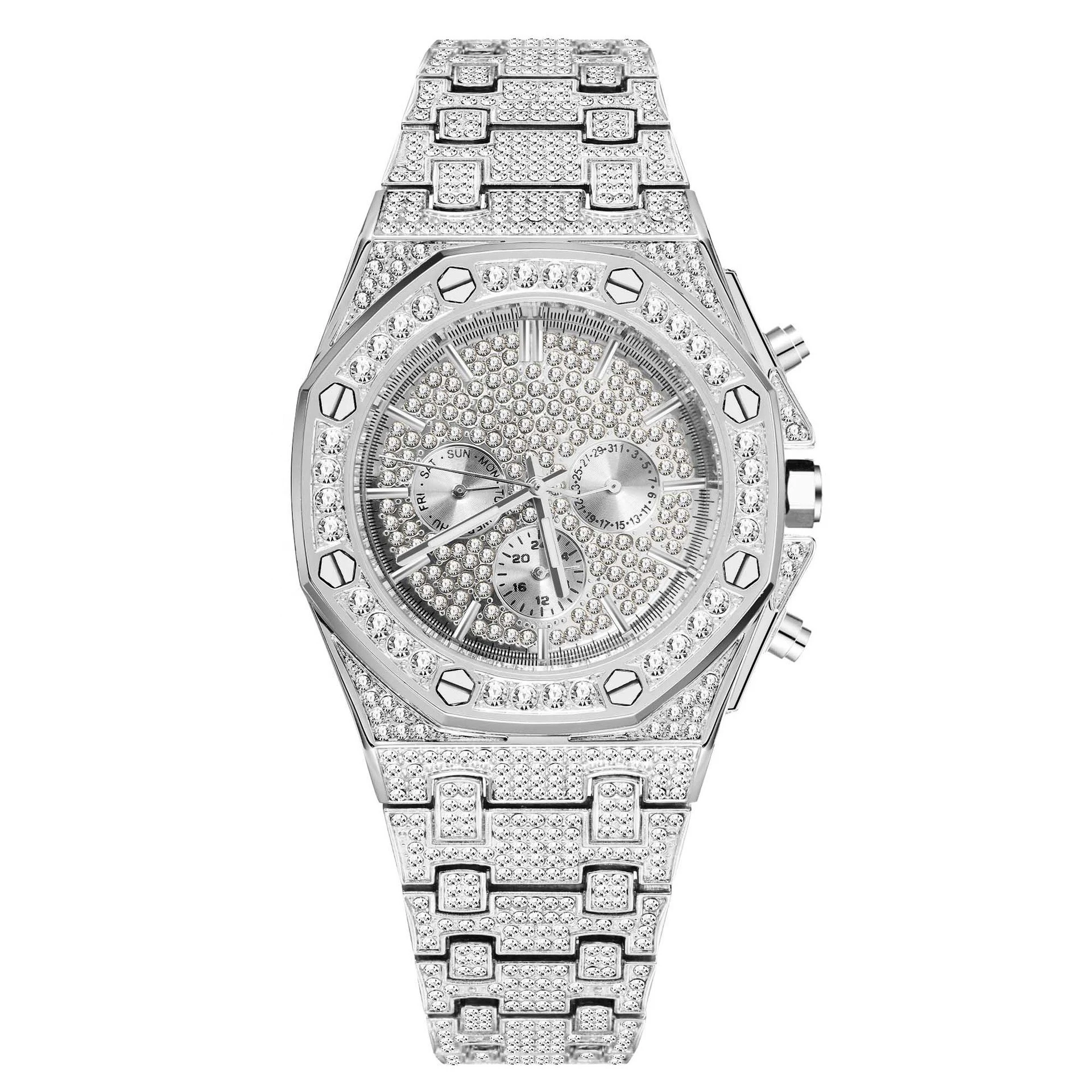 New Luxury Rhinestone Brand Men&#x27;s Quartz Watch 2020 Hip Hop Fashion Classic Waterproof Calendar Diamond Watch hombre Bling Watch