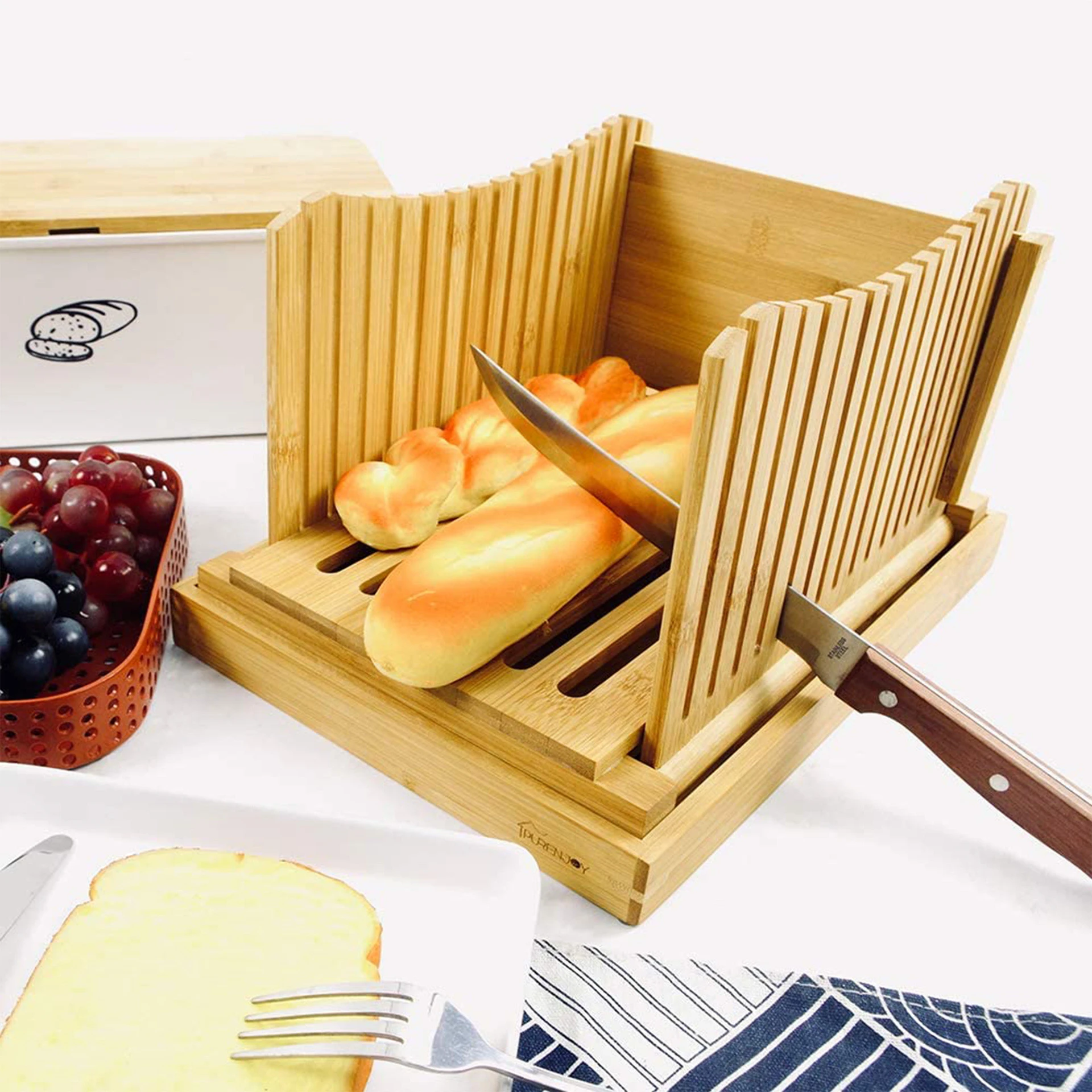 Organic Bamboo Bread Slicer Cutting Guide For Homemade Bread Loaf Cakes Bagels Foldable And Compact With Crumbs Tray