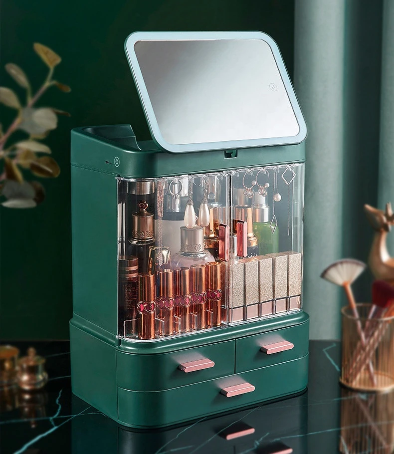 Plastic Bathroom Skincare Storage Box Brush Lipstick Holder Clear Cosmetic Makeup Organizer with Drawers and Mirror