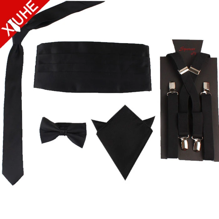 polyester Black solid color Necktie set cummerbund suspender handkerchiefs bowtie