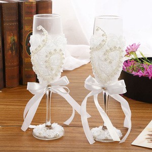 Pure elegance  Wedding pair champagne glasses Wedding supplies wedding wine glass set white lace glass