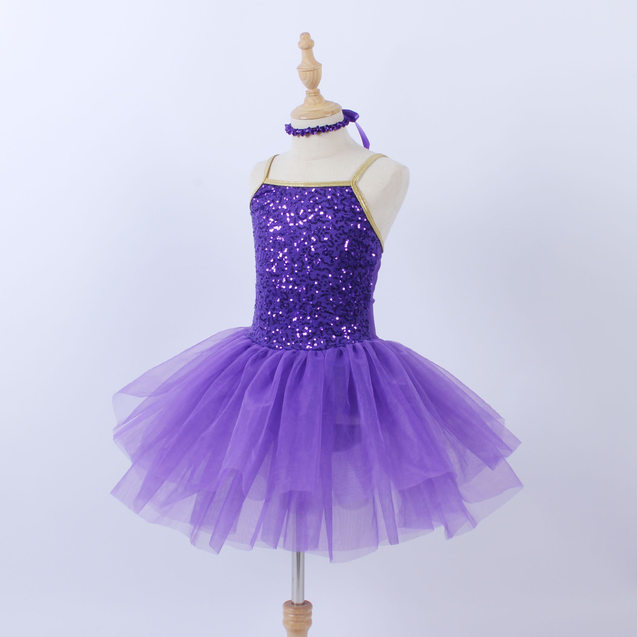 purple sequin ballet braces dress purple tricot skirt dance wear Neck band party stage performance dance costume