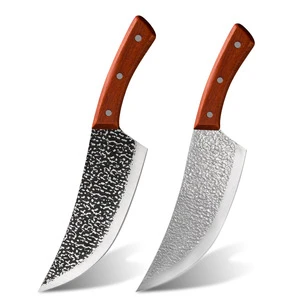 Qing full tang wood handle 8 inch stainless steel curved blade meat cutting multi butcher knife for slaughtering