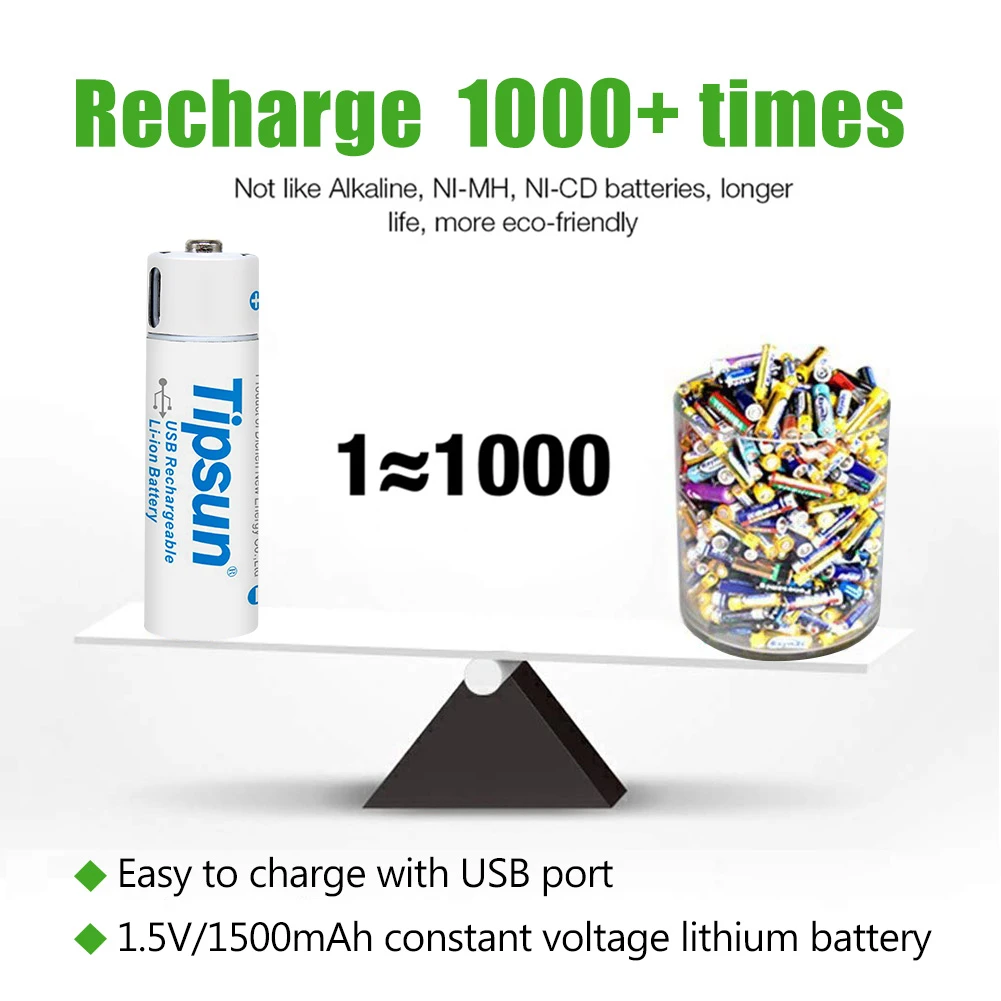 rechargeable lithium ion batteries tipsun aa usb cell battery 1500 mah