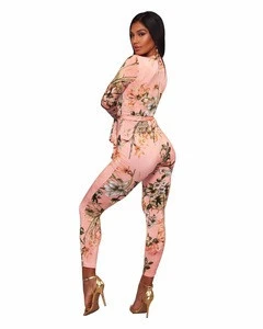 S8776 long sleeve V neck sexy one piece print catsuit for women