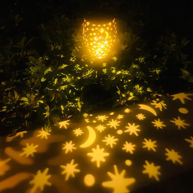 Solar Iron Metal LED Moon Star Projection Lawn Lamp Waterproof Outdoor Coin Floral Stake Light for Pathway Walkway Park Path