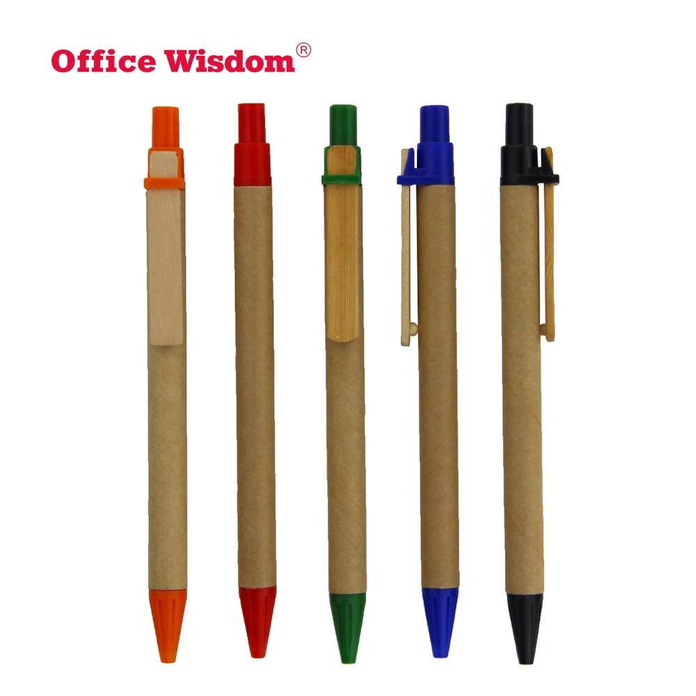 standard size Ultra low price kraft paper eco Green paper ballpoint pen with wood clip