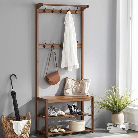 Standing Home Firniture Big Size Bamboo Storage Shoe Rack With Clothes Hanger