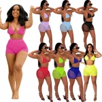 STOCK Two Colors 3 Pieces Beachwear Crystal Sheer Mesh Pant Triangle Top Bikini Swimsuit / Fruit Women Waterproof Plaid Dot Belt
