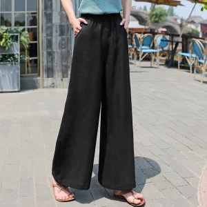 Summer Spring Womens Cotton Linen Casual Long Pants High Waist Wide Leg Plain All Match Pant B13901X
