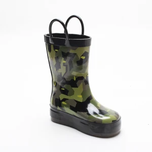 Un-Slip Green Camo Kid Outdoor Waterproof Garden Rubber Rain Boots with Handles