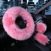 Universal Real Fur Sheepskin Car Furry Warm Pink Red Fluffy Fuzzy Steering Wheel Cover Set for Women Girl